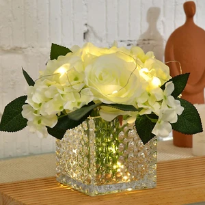 Artificial Silk Rose Flower Centerpiece Arrangement in Glass Vase with LED Light - Picture 1 of 12