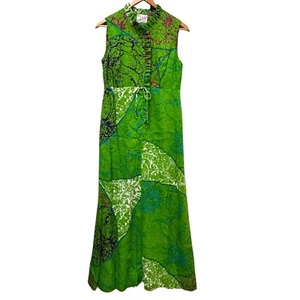 Ludy for Ludi's Honolulu Dress Vintage Retro Green Maxi Ruffled Collar M - Picture 1 of 8