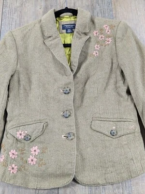 American Eagle Blazer Jacket Womens Small Tan Chevron Tweed Embroidered Preppy - Image 1 of 4