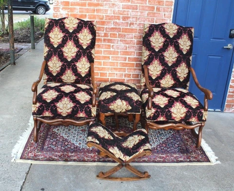 French Antique Walnut Louis XIV Set of 2 Armchairs Futon & Footstool Cover