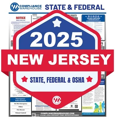 COMPLIANCE WAREHOUSE 2025 New Jersey NJ State/Fed Labor Law All in1 Compliance Poster Paper/Laminated