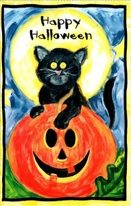 Schwarze Katze Vollmond Kürbis Postkarte - Bild 1 von 2