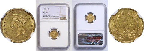 1862 $1 Gold Coin NGC MS-61 Cover