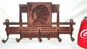 ANTIQUE C.J.O. JUDD CAST IRON INDIAN WAR CHIEF BRASS HOOK WALL ART RACK HOLDER - Picture 1 of 10