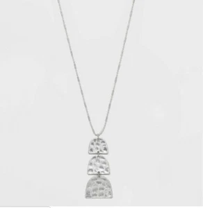 Semi Circle Tiered Hammered Silvertone Pendant Long Necklace 32" - Picture 1 of 6