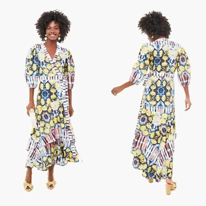 Tuckernuck Alexis Marsai Watercolor Citrine Wrap Dress Size M Puff Sleeve Cotton - Picture 1 of 9