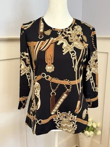 J MCLAUGHLIN 3/4 sl Equestrian Print Catalina Cloth Top Small Black Brown - Picture 1 of 6