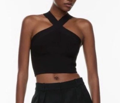 Aritzia Babaton Crop Top Medium Black Cropped Ribbed Sculpt Knit Criss Cross - Image 1 of 4