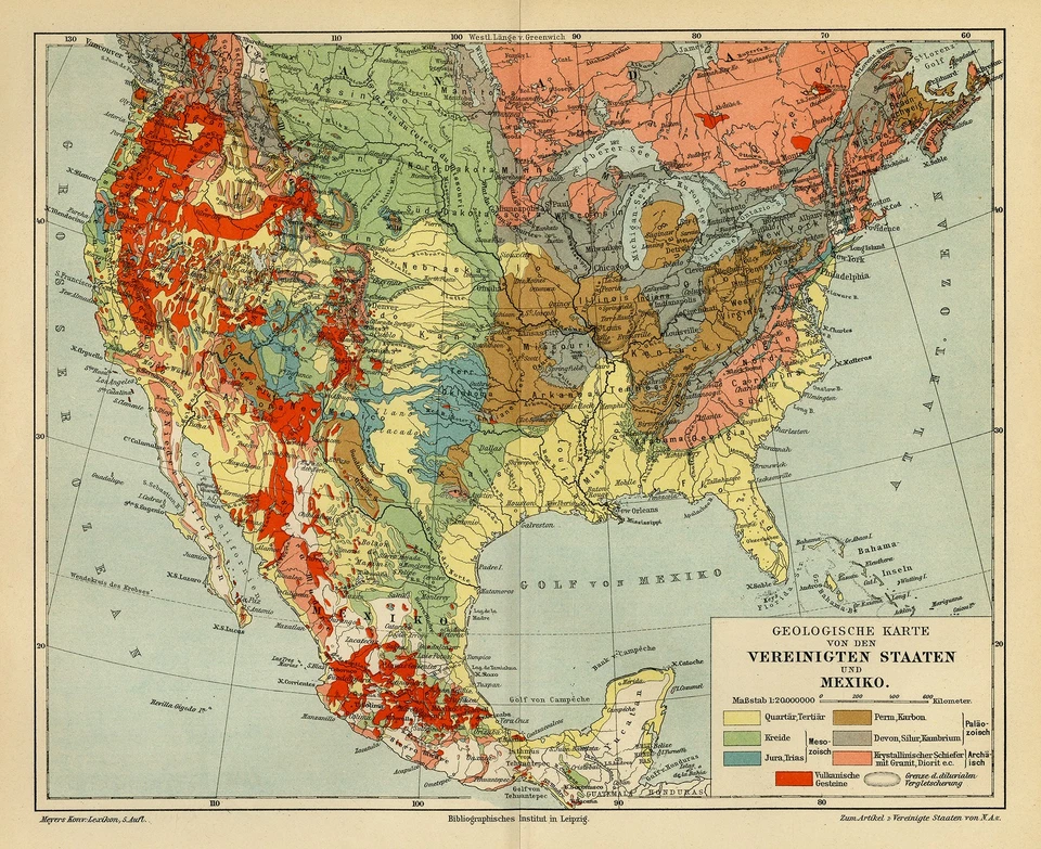 Antique Map-A geological view of USA and Mexico-Meyers-1895 - Image 1 of 4