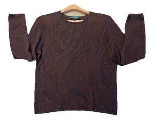 Ralph Lauren Brown Paisley XL Print Silk Cashmere Crewneck Lightweight Sweater - Picture 1 of 8