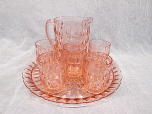 JEANNETTE Depression Pink Windsor Serving Set PITCHER PLATTER TRAY & 5 TUMBLERS - Bild 1 von 9