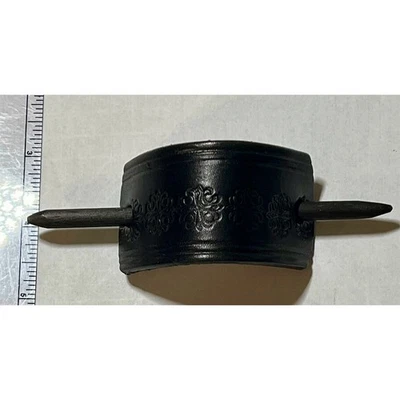 Handmade Black Tooled Leather Floral Hair Barrette with Wooden Stick Retro - Image 1 of 3