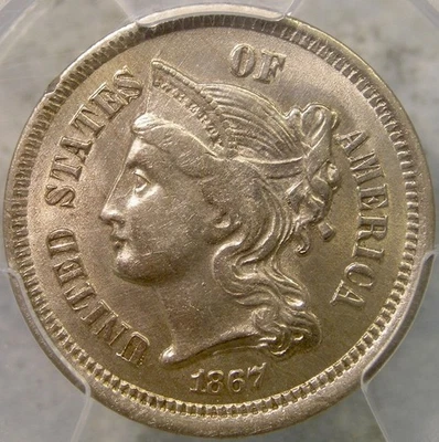 1867 THREE CENT NICKEL SCARCE APPEALING VERY BEAUTIFUL FEATURES PCGS UNC DETAILS - Image 1 of 4