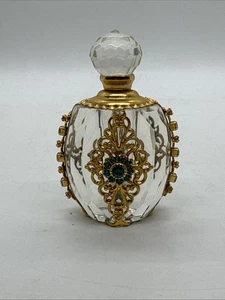 Botella miniatura coleccionable perfume de vidrio de colección con gemas de piedra y tono dorado - Imagen 1 de 11
