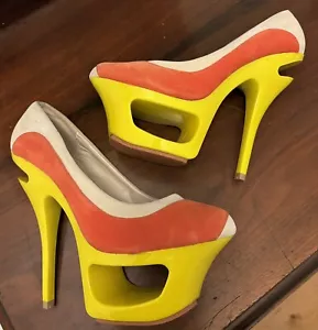 Funky KVOLL Korean Platform Heels Yellow Orange Shoes 38 High Heels Party Pumps - Picture 1 of 6