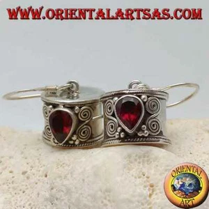 Orecchini in Argento 925‰ a cilindro goccia rovesciata di granato doppia spirale - Foto 1 di 2