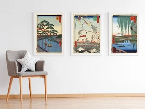 Set of 3 Japanese Edo Wall Art Prints Poster Pictures Ando Hiroshige - Picture 1 of 7