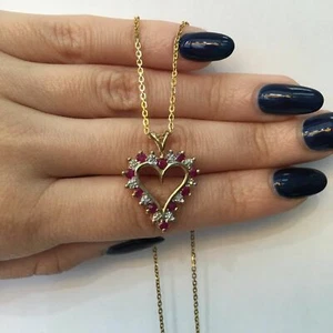 1.00 Ct Ruby and Round Cut Diamond Open Heart Pendant in 14k Gold G-H SI1-SI2 - Picture 1 of 4