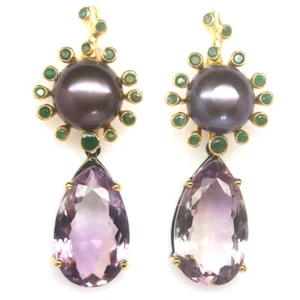 Sin Calentar Piedra Preciosa Amatista Violeta, Perla, Emerald Pendientes 925 Ley - Imagen 1 de 4