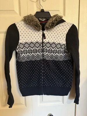 Tommy Hilfiger Cardigan Fair Isle Full Zip Faux Fur Hooded Women’s Size Medium - Image 1 of 4