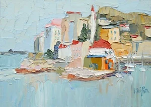 Coastal Abstract Original Oil Painting Impressionism Collectible Art Cityscape - Picture 1 of 7