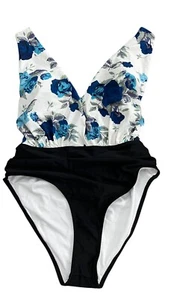 Costume da bagno Cupshe One Piece nuovo con etichette XL tuffo anteriore criss posteriore incrociato blu bianco nero - Foto 1 di 9