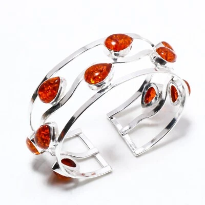 Brazalete, brazalete ajustable hecho a mano de plata 925 con piedras preciosas de ámbar báltico Foto 1 de 4