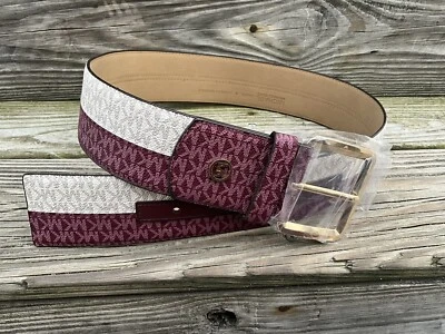 $78 New MICHAEL KORS  MK LOGO Berry & Vanilla Belt Gold Buckle Size Medium - Image 1 of 4