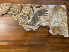 Rare Antique Woven Fabric Tapestry Fragment w/ Bird and Floral Metal Beadwork