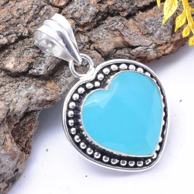 Sottile Blu Calcedonio Gemma 925 Argento Sterling Handmade Ciondolo 4.1cm - Immagine 1 di 3