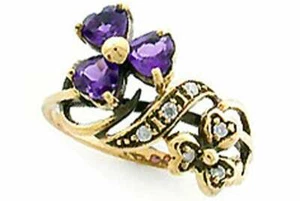 Anillo de flores vintage amatista y diamante, oro liso 9 quilates, R202 personalizado - Imagen 1 de 1