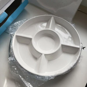 Serving Dish White Ceramic Five Divided Compartments Metal Holder Unbranded New - Picture 1 of 5