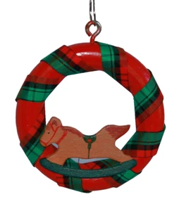 1987 Rocking Horse & Plaid Holiday Christmas Ornament Antique Curtain Ring 2.75" - Picture 1 of 6