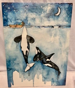 Orca and Girl Canvas Print - Hanging Wall Art - 16x20 w/hardware - NEW! - Picture 1 of 3