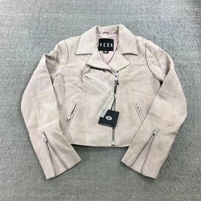 Veda Leather Jacket Womesn Small Classic Leather Moto Jacket Pink Goat Suede  A3 - Image 1 of 4