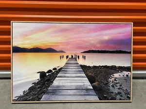 Sunset Painting, Ocean Waves Beach Painting, Pier on Beach Landscape Art Framed - Picture 1 of 8