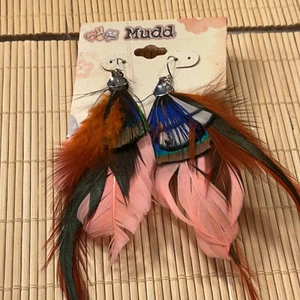 Lote 39F Pendientes Mudd Plumas Reales Tono Plata Gota Perforada - Imagen 1 de 4