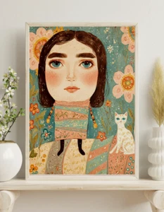 Buy 2 Get the 3rd FREE, 8.5 x 11, Art PRINTS, Wall Art, Naive, Folk Art, Cat Art - Picture 1 of 3