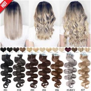 Ombre Blonde Tape In Real Remy Human Hair Extensions Skin Weft Wavy Glue 14"-24" - Picture 1 of 26