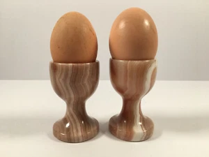 A Pair of Vintage Hand Crafted Bown Onyx Marble Footed Egg Cups - Picture 1 of 6