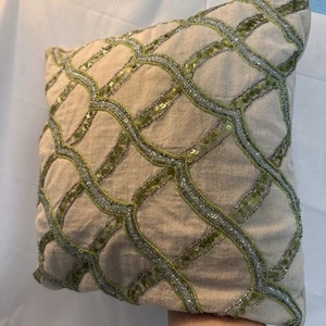 Beaded Lattice Throw Pillow Cotton Taupe W/Lime Green Teal 16" Zip-Off Decor EUC - Picture 1 of 6
