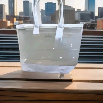 Neiman Marcus Clear PVC White Tote Bag With Zipper And Inner Pouch NEW - Image 1 of 4
