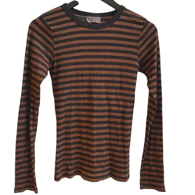 Top para mujer Michael Stars negro cobre metálico rayas manga larga cuello redondo OS Foto 1 de 4