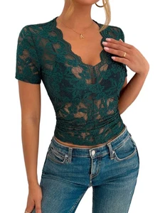 Netz Top für Damen Kurzarm Rundhals tailliert Oberteil einfarbig Blumen Spitze Tee3439 - Bild 1 von 5