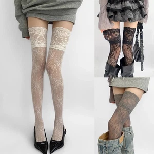 Fishnet Thigh High Stockings Lace Trim Frilly JK Socks High Lace Stockings ~ - Foto 1 di 18
