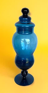 Vintage Teal Glass Apothecary Jar with Lid, 12-1/2" Tall - Picture 1 of 8