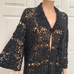 Black Crochet Cardigan CHICOS Size 3 Open Front Knit - Picture 1 of 13