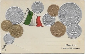 MEXICO Embossed Vintage Coin and Flag Postcard postally used in 1912 - Picture 1 of 2