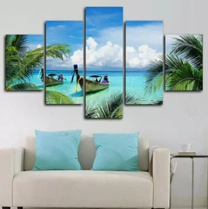 Tropical Beach Boats Island Trees Canvas Prints Painting Wall Art Home Decor 5P - Picture 1 of 2