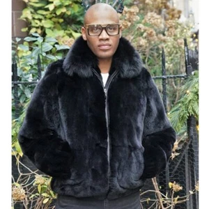 Men Fashion Winter Real Rabbit Fur Coat With Fox Fur Collar Casual Bomber Jacket - Picture 1 of 2
